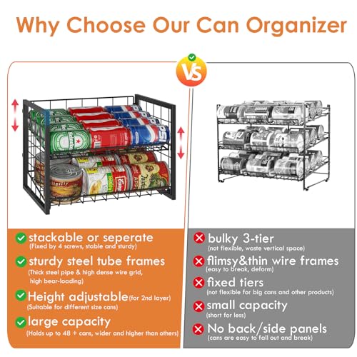 X-cosrack 2 Packs Stackable Can Rack Organizer for Pantry, 2-Tier Sturdy Adjustable Pantry Can Storage Organizer for Canned Food Can Goods, Kitchen Can Dispenser Holder for Soda Drinks Snack, Black