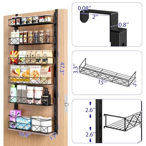 MIAOLI Over the Door Organizer, Black 6-Tier Pantry Door Organizer with Adjustable Basket, Hanging Spice Rack Cabinet Door Shelves, Laundry Room Organization and Storage