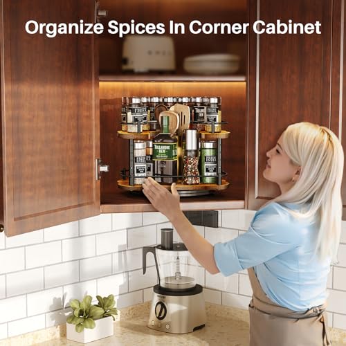 Lazy Susan Organizer Spice Rack - Spice Organization for Cabinet Height Adjustable Rotating Lazy Turntable, Pantry Kitchen Wood Revolving Seasoning Organizer (Vintage, 12 Inch)