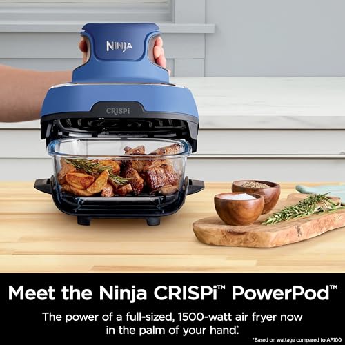 Ninja Crispi 5-in-1 Portable Glass Air Fryer Cooking System, 1500W, 6-Cup, 4-Quart & 2.5-Quart TempWare Containers With Lids, Microwave, Freezer & Dishwasher Safe, Blue, FN103CO (RENEWED)