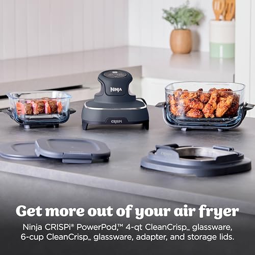 Ninja Crispi Air Fryer, Microwave, Freezer & Dishwasher Safe, Non Toxic Glass Portable Cooking System, 4 QT & 6 Cup Glass Containers with Storage Lids, Easy Meals, Air Fry, Bake, Grey (Renewed)