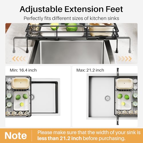 SNTD Dish Drying Rack - Extendable Dish Rack, Large Sink Drying Dish Drainer for Kitchen Counter, Stainless Steel Dish Strainer with Utensil Holder (Black)