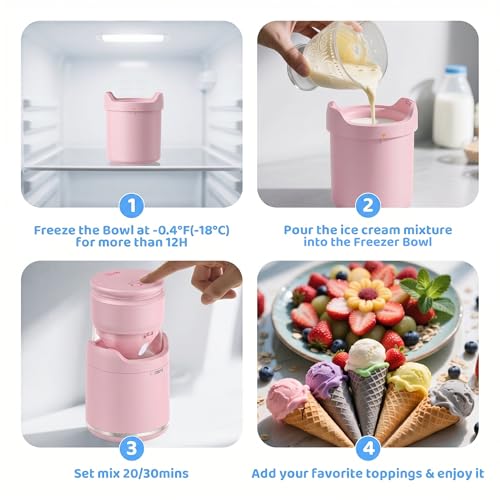 BRIOBITE Ice Cream Maker,Rechargeable Soft Ice Cream Machine with Low Noise,Compact for 1-2 Servings,Perfect for Sorbet,Gelato,Frozen Yogurt,Pink