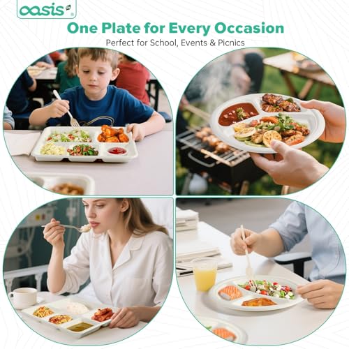 OasisSN 𝟭𝟬 𝗶𝗻𝗰𝗵, 𝟭𝟮𝟴-𝗣𝗮𝗰𝗸 3-Compartment Disposable Paper Plates, Compostable Heavy-Duty Divided Plates for Meal Prep, School Lunches & Party Buffets (White)