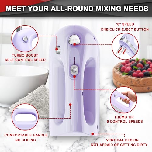 Lord Eagle Hand Mixer Electric Handheld 400W, 5-Speed Lightweight Kitchen Mixer with Storage Case, 5 Stainless Steel Attachments for Baking Cake Egg Cream Food Beater, Turbo+Eject Button, Purple
