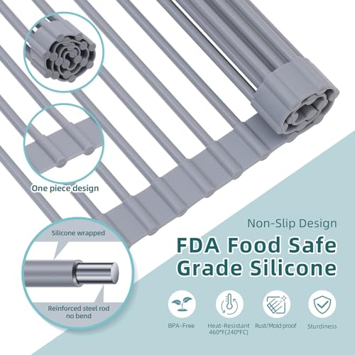 Ohuhu Over Sink Dish Drying Rack Silicone Wrapped 17.6" W x 15.4" L Large Over the Sink Roll Up Dish Drainer - Foldable Sink Drying Rack Rolling Drain Mats Anti-Slip Multipurpose for Kitchen Counter
