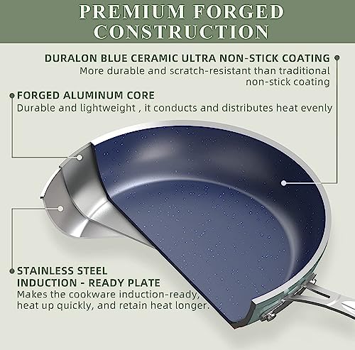 Nuwave 9pc Cookware Set Healthy Duralon Blue Ceramic Nonstick Coated, Diamond Infused Scratch-Resistant, PFAS Free, Oven Safe, Induction Ready & Evenly Heats, Tempered Glass Lids & Stay-Cool Handle
