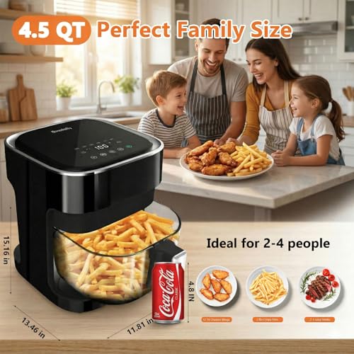 Glass Air Fryer 4.5 Qt, Non-Toxic Borosilicate Glass Basket with 360° View, Upgraded Food-Grade Stainless Steel Tray, 8-in-1 One-Touch Presets, Teflon-Free & Dishwasher Safe, Black