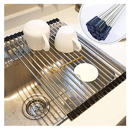 SHUYUE Roll up Dish Drying Rack Over The Sink Portable Stainless Still Rolling Rack Folding Mat for Kitchen Counter (Black, 17.7''LX11.8''W)