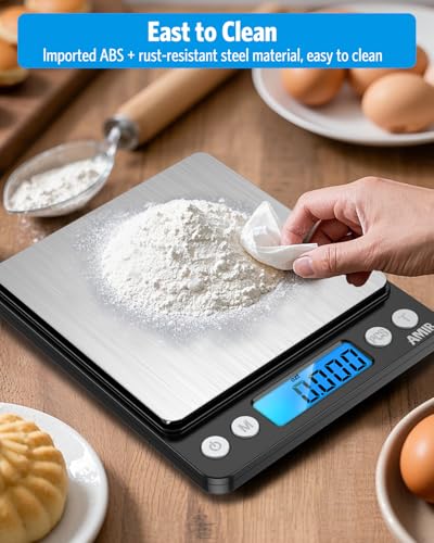 AMIR Digital Kitchen Scale, 500g/0.01g Mini Pocket Jewelry Scale, Cooking Food Scale with Backlit LCD Display, 2 Trays, 6 Units, Auto Off, Tare, PCS Function, Stainless Steel, Battery Included, Black