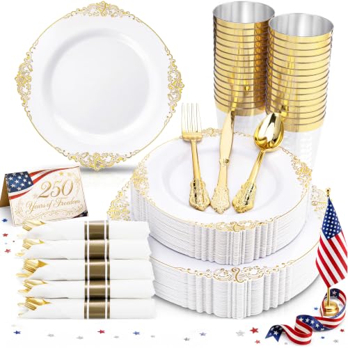 Nervure 350PCS Gold Plastic Plates - Gold Plastic Dinnerware Sets for 50 Guests - 100 Disposable Plates, 150 Silverware, 50 Cups, 50 Napkins for Wedding & Party