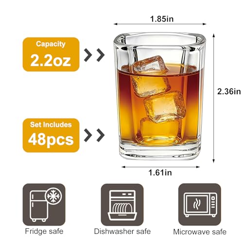 Flrolove 48 Pack Shot Glasses Bulk, 2.2 oz Clear Heavy Base Shot Glass, Whiskey Shot Glasses for Christmas Gift, Mini Square Shot Glass Set for Tequila, Vodka, Spirits & Liquors, Cocktail, Whiskey