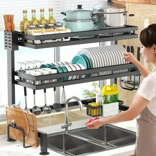 LeVcoecam 3-Tier Over Sink Dish Draining Rack Adjustable Width and Height with Phone Holder Cup Holder, Knife and Chopstick Holder, Cutting Board Rack, Space-Saving Rack