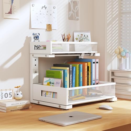 2-Pack Under Sink Storage Organizer, Large 2-Tier Elegant Mesh Pull Out Shelf for Kitchen and Bathroom Cabinet Organization, L-Shaped and Adjustable Height Design for Maximum Space Efficiency-White