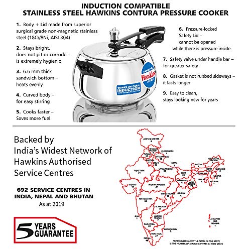 Hawkins 5 Litre Contura Pressure Cooker, Stainless Steel Inner Lid Cooker, Handi Cooker, Induction Cooker, Silver (SSC50)