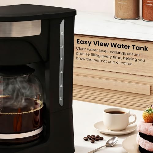 Sykaffe 12-Cup Coffee Maker, Drip Coffee Maker, Reusable Filter, Automatic Keep-Warm & Pause, Easy-View Water Tank, Heat-Resistant Coffee Pot，Coffee maker perfect for family gatherings, black