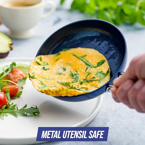 Blue Diamond Mini Egg Frying Pan Skillet, Diamond Infused Healthy Ceramic Nonstick, PFAS and PFOA-Free, Dishwasher and Oven Safe, Even Heating, Metal Utensil Safe, Warp Control Base, Blue