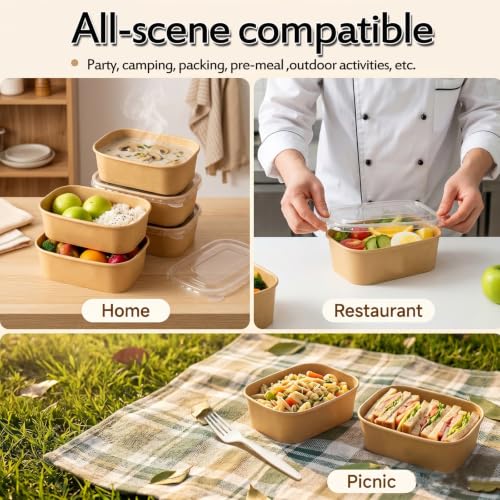 Artuxer 50 Pack 29Oz Disposable Meal Prep Containers With Lids and Forks-Disposable Kraft Paper Bowls-to go food containers-Microwavable and Freezer Safe Take Out Containers