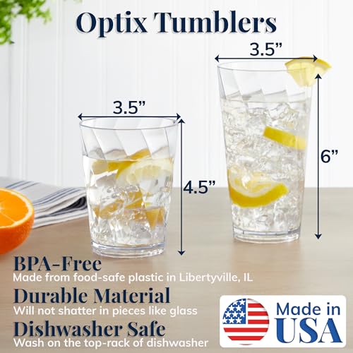 US Acrylic Optix Plastic Reusable Drinking Glasses (Set of 16) 14oz Rocks & 20oz Water Cups in Clear | BPA-Free Tumblers, Made in USA | Top-Rack Dishwasher Safe