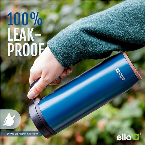 Ello Magnet 18oz Stainless Steel Travel Mug with Handle and Leak Proof Lid | Vacuum Insulated Coffee Cup Keeps Drinks Hot for 5 Hours | BPA Free Tumbler with Built In Coaster, Matte Black