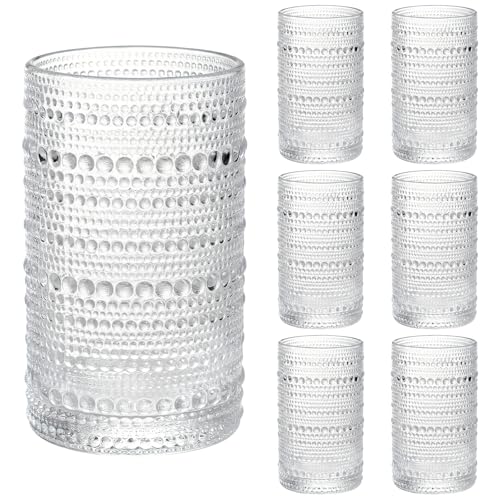Moretoes Large Hobnail Drinking Glasses Set of 6, 15oz Highball Glass Cups, Kitchen Drinkware Glassware,Embossed Water Tumbler,for Beer,Cocktail,Whiskey,Juice and Various Mixed Drinks(Clear)