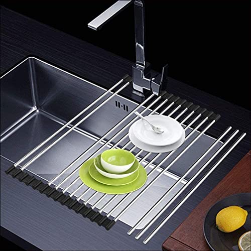 SHUYUE Roll up Dish Drying Rack Over The Sink Portable Stainless Still Rolling Rack Folding Mat for Kitchen Counter (Black, 17.7''LX11.8''W)
