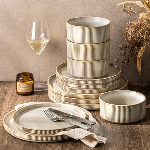 GBHOME 12-Piece Stoneware Dinnerware Set for 4 – Ribbed Ceramic Plates and Bowls, Scratch-Resistant, Microwave & Dishwasher Safe, Reactive Glaze, Cappuccino
