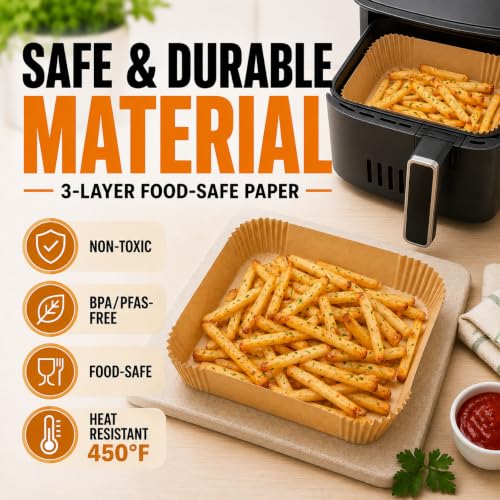 Air Fryer Paper Liners, 125Pcs Air Fryer Disposable Liners, Non-Stick and Oil Proof for Easy Cleanup, 8” Square for 5-8 qt Basket by Baker's Signature