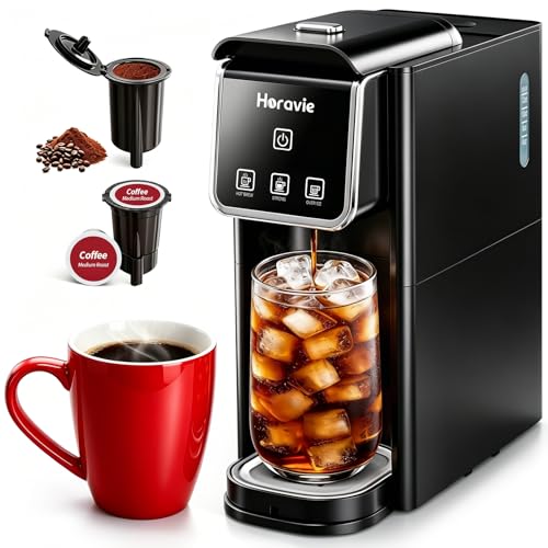Horavie Hot and Iced Single Serve Coffee Maker, for K-Pod and Grounds, Strong Brew