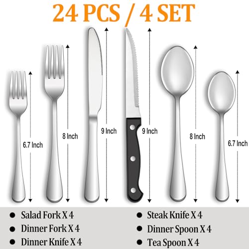 24 Pcs Silverware Set with Steak Knives for 4, Stainless Steel Flatware Set, Mirror Polished Cutlery Utensil Sets, Home Kitchen Eating Tableware, Dishwasher Safe