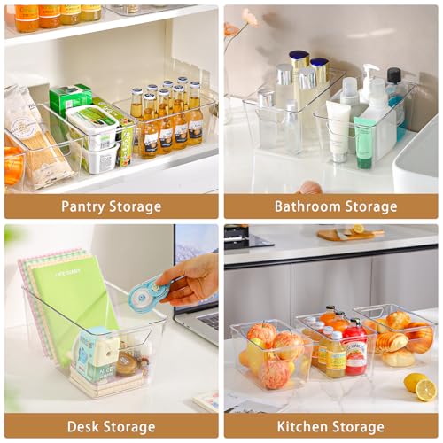 Freebat 12 Pack Middle Organizers and Storage, Pantry Organization and Storage Bins, Cabinet Organizer, Clear Plastic Storage Containers with Handle，Acrylic Storage Bins for Cabinet, Fridge