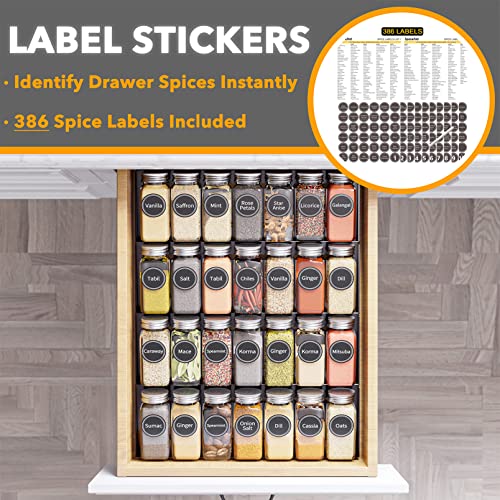 SpaceAid Spice Drawer Organizer with 28 Spice Jars, 386 Spice Labels, 4 Tier Seasoning Rack Tray Insert for Kitchen Drawers, 13" Wide x 17.5" Deep