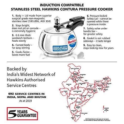 Hawkins Contura Pressure Cooker, Stainless Steel Inner Lid Cooker, Handi Cooker, Induction Cooker, Small Cooker, Silver SSC20 2 Litre