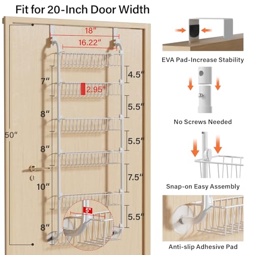 Delamu Over the Door Pantry Organizer, 6-Tier Pantry Organizers and Storage, Metal Cabinet Door Organizer, Hanging Spice Rack Shelves for Home & Kitchen, D5 x W18 x H50 inch, White