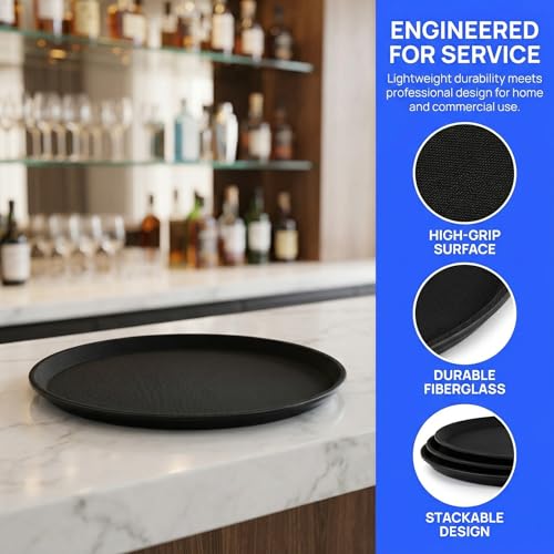 TOPZEA 4 Pack 14 Inch Round Restaurant Serving Tray, Fiberglass Non-Slip Rubber Lined Black Server Trays Commercial Grade Bar Service Tray for Restaurant, Kitchen, Cafeteria, Catering, Easy Clean