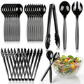 Dualshine 24 Pcs Disposable Black Plastic Serving Utensils,8 Set Including 9.72" Plastic Serving Spoons, Forks and 8.46" Tongs, for Dinner Parties, Buffets,Banquets, Events, Weddings, and Daily Use
