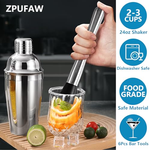 ZPUFAW 6-Piece Cocktail Shaker Set 24oz Shaker Strainer Muddler Jigger Mixing Spoon Pour Spout Bartender Kit Stainless Steel Bar Set Housewarming Gift