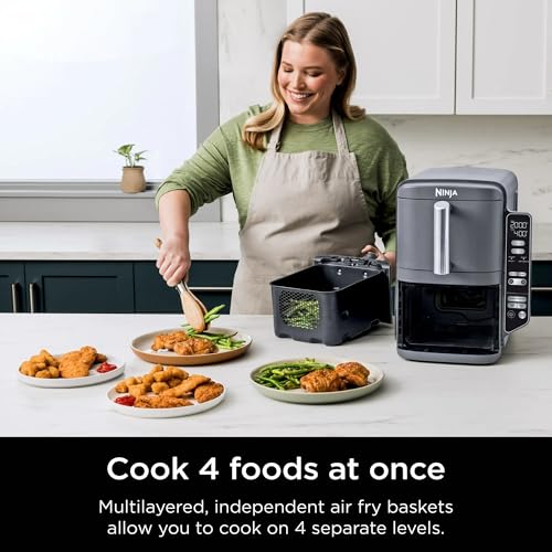 Ninja SL400 DoubleStack XL 2-Basket Air Fryer, 10 QT, Cooks 4 Foods at Once, Compact Design, 4-in-1, Smart Finish & Match Cook, Air Fry, Broil, Bake, Easy Meals, Easy Clean, Grey (Renewed)