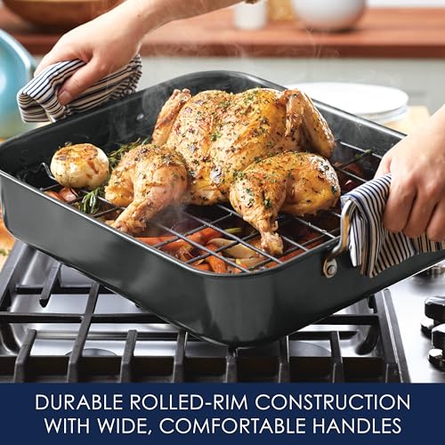 Rachael Ray Roasting Pan with Reversible Rack, Turkey Roasting Pan, Nonstick, 16.5-Inch x 13.5-Inch