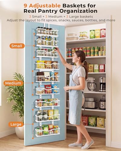 EVERIE Over the Door Pantry Organizer, 9-Tier Heavy Duty Door Storage Rack with Solid Bottom Baskets, Stable No-Bumping Design, Adjustable Hanging Shelves for Kitchen Pantry
