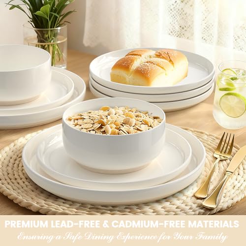 Plates and Bowls Sets, Dinnerware Sets for 4, 12 Pieces Scratch Resistant Dishware Dishes Set, Ceramic Kitchen Dinner Set, Porcelain & Microwave and Dishwasher Safe, Cream White