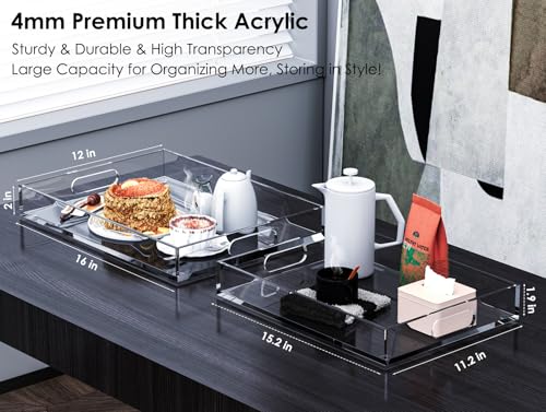Collwait 2 Pack Serving Tray with Handles, Clear Acrylic Tray for Serving Food, Large Outdoor Food Trays for Eating, Lucite Acrylic Trays for Appetizer, Pizza, Fruit and Drinks, Unbreakable, 16"×12"