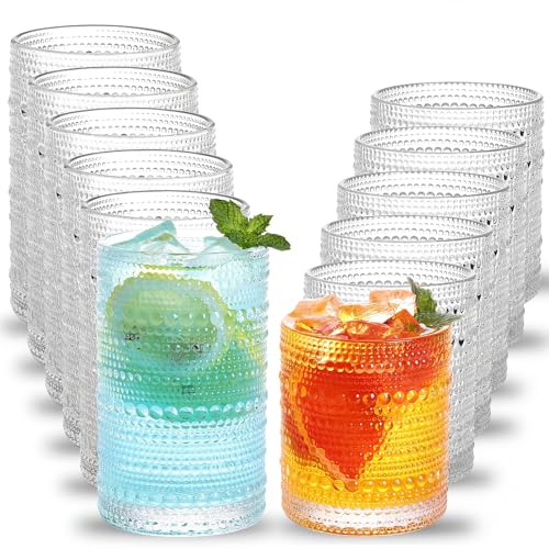 Moretoes Hobnail Drinking Glasses Set of 12, 12 Oz Highball Glasses & 10 Oz Cocktail Glasses, Clear Embossed Boho Glass Cups Kitchen Bar Tumbler Glassware Set for Whiskey, Beer, Juice, Milk