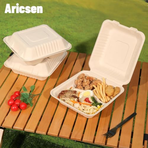 Aricsen 50 Pack 3 Compartment Compostable 8x9 Inch Takeout Lunch Box Containers with Lid To Go Take Out Clamshell for Food, Disposable Eco-Friendly Biodegradable Bagasse, PFAS-Free, Brown