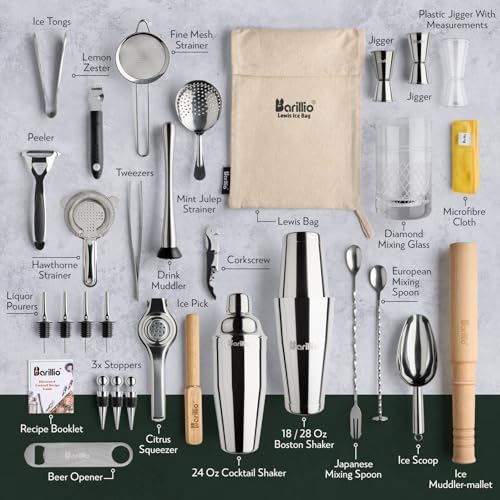 Barillio Bar Tool Set Pro Edition - Stainless-Steel Cocktail Shaker Set - Mixology Bartender Kit w/Boston Shaker, Drink Mixer & Muddler for Cocktails - Home Bar Accessories - 32-Pc Bar kit