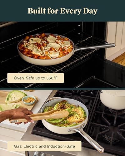 Caraway 4-Piece Fry Pan Set - Non-Stick Frying Pans (10.5” & 8”) & Non-Stick Sauté Pan - Non Toxic, PTFE & PFOA Free - Oven Safe & Compatible with All Stovetops (Gas, Electric & Induction) - Cream