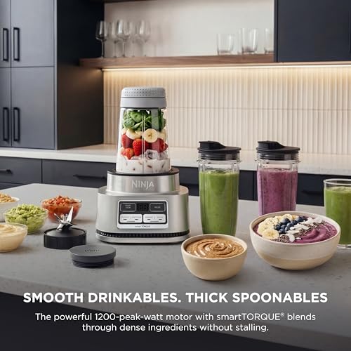 Ninja Foodi Personal Blender | Smoothie Bowl Maker with Storage Lid, Nutrient Extractor and Mixer | 1200-Peak-Watt smartTORQUE Motor | Hybrid Edge Blades, (2) 24-oz. Cups | Silver | SS101