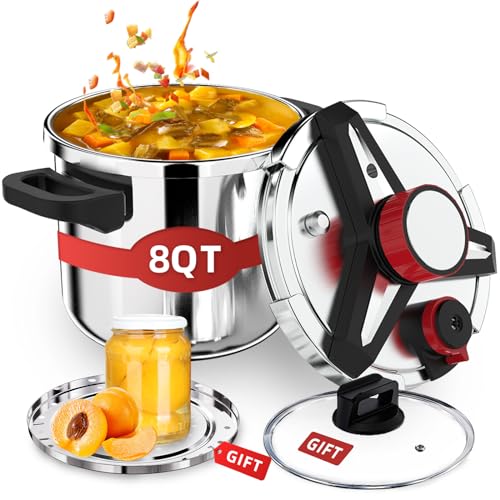 3-In-1 Stainless Steel Pressure Cooker 8 QT: [Save 70% Time] [3 PSI Settings], One-Hand Locking Pressure Canner, Induction Compatible, Glass Lid & Steamer Rack Included, Olla de Presion