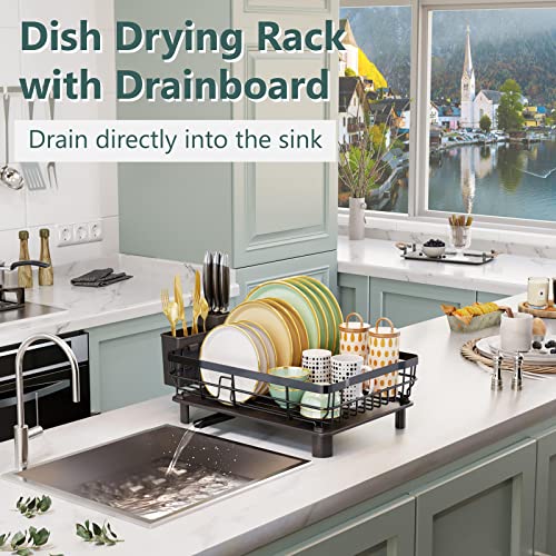 AIDERLY Metal Dish Drying Rack Automatic Drainage, Black, Large