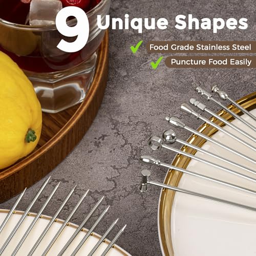 Metal Martini Cocktail Picks 9 Pcs, 4.1 in Olive Skewers Stainless Steel, Martini Garnish Sticks Reusable, Metal Toothpicks for Drinks, Appetizers, Bar Accessories Gift for Bartenders - Sliver
